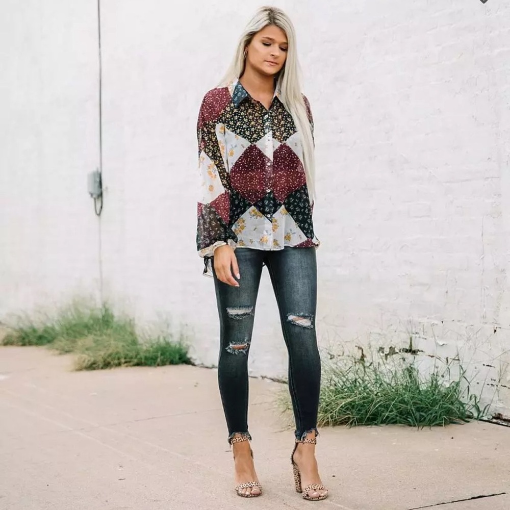 Sheer Floral Checkered Top